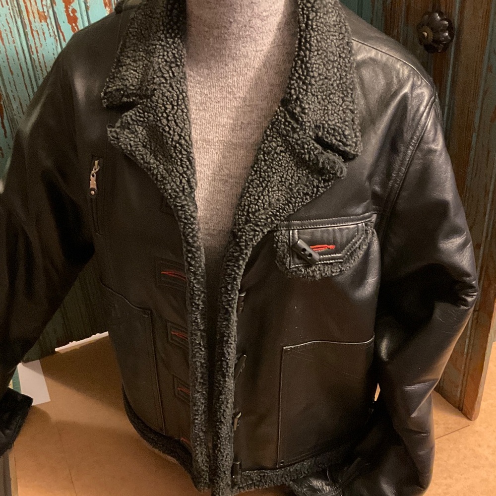Jamie Sadock Black Leather Jacket with Shearling Collar